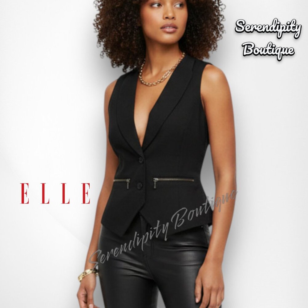 ELLE Sleek Urban Chic Sexy Bodycon Low Cut Button Front Cotton Nylon Black Vest